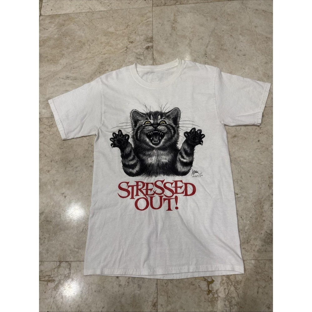 Vintage Bob Harrison Stressed Out Cat Short Sleeve T Shirt Small S/M - Picture 4 of 7